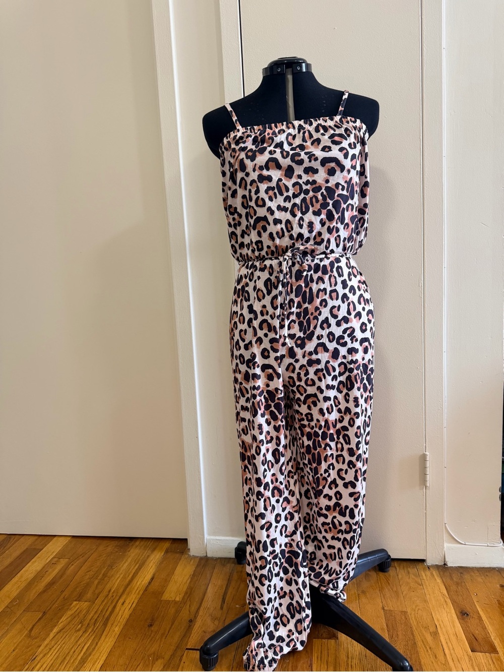 Leopard Print Spaghetti-Strap or Strapless Jumpsuit in Neutral Beige
